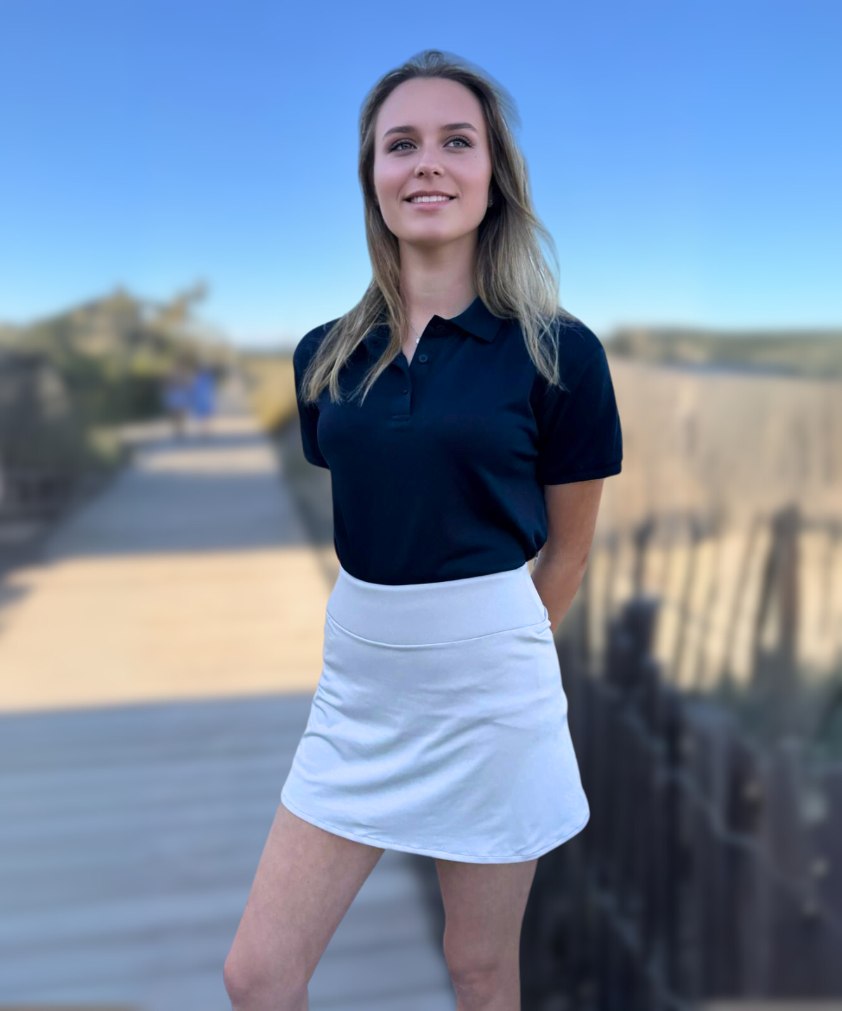 Model wearing Sporty Skorty – stylish and functional skort for yacht crew